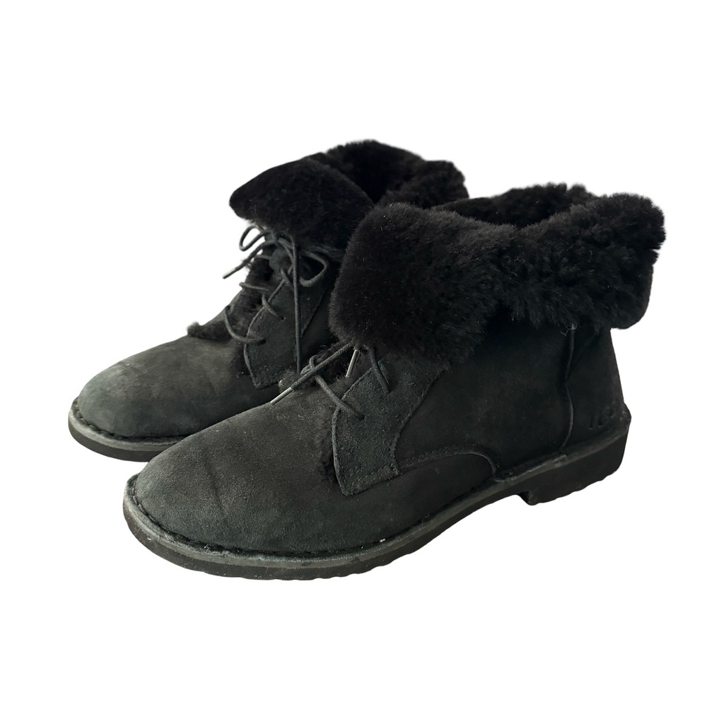 UGG Quincy Boots Black Suede Sheepskin Lined Combat Winter Ankle Women Sz 9.5